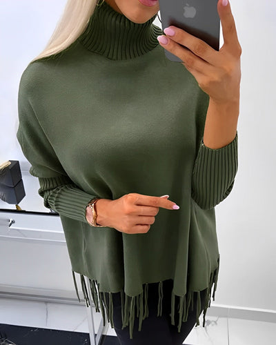 Tamsin - Eleganter Pullover mit hohem Kragen und Fransen