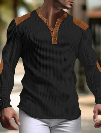 Patrick- Herren Waffelstrick Henley-Shirt mit Patchwork-Flicken