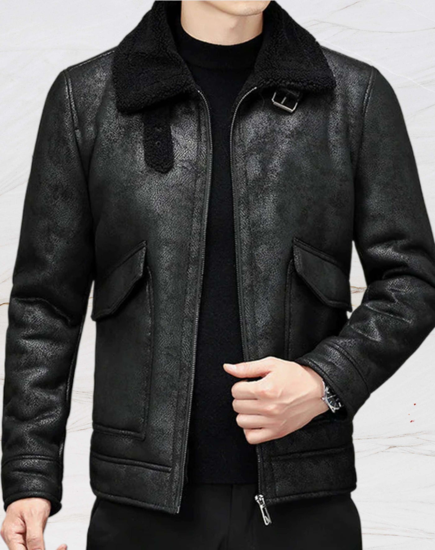 LEO| Elegante Jacke aus veganem Leder mit Kunstfell für Herren